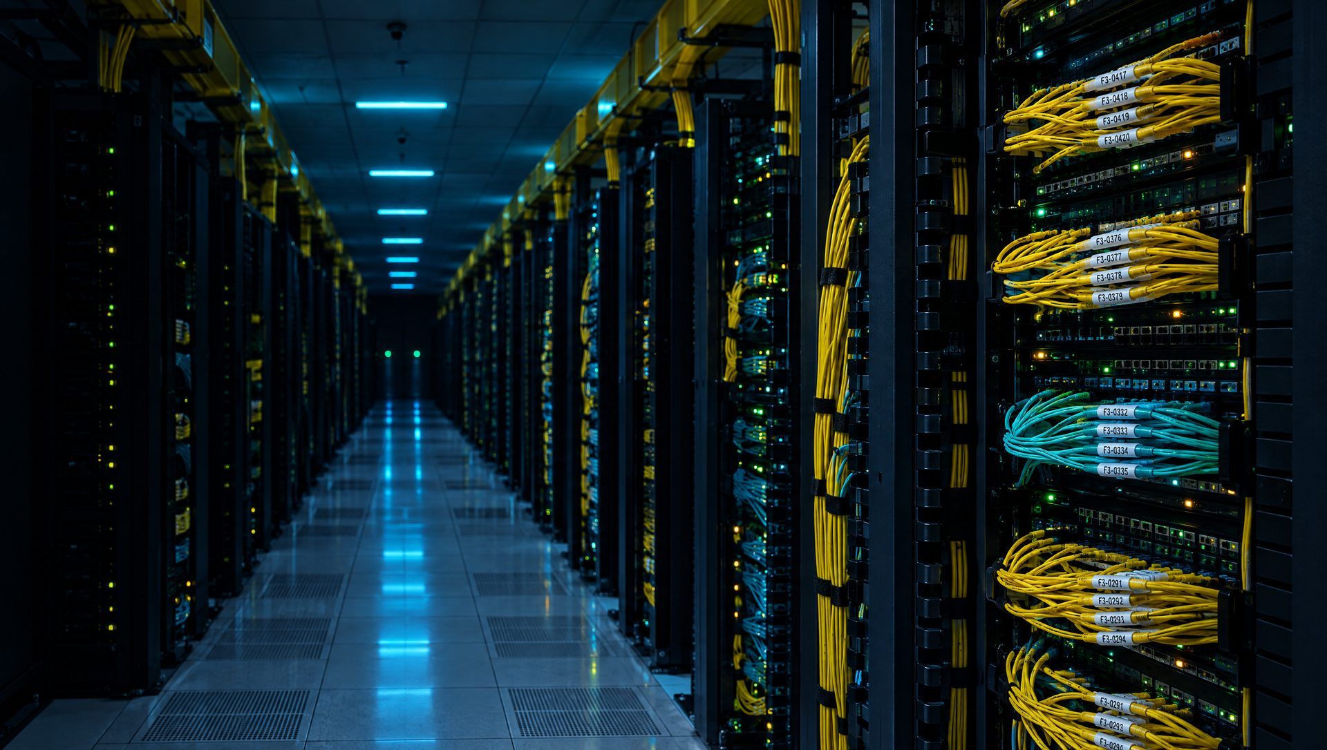 A data center aisle at night, with yellow and aqua fiber patch cords carrying white ID markers