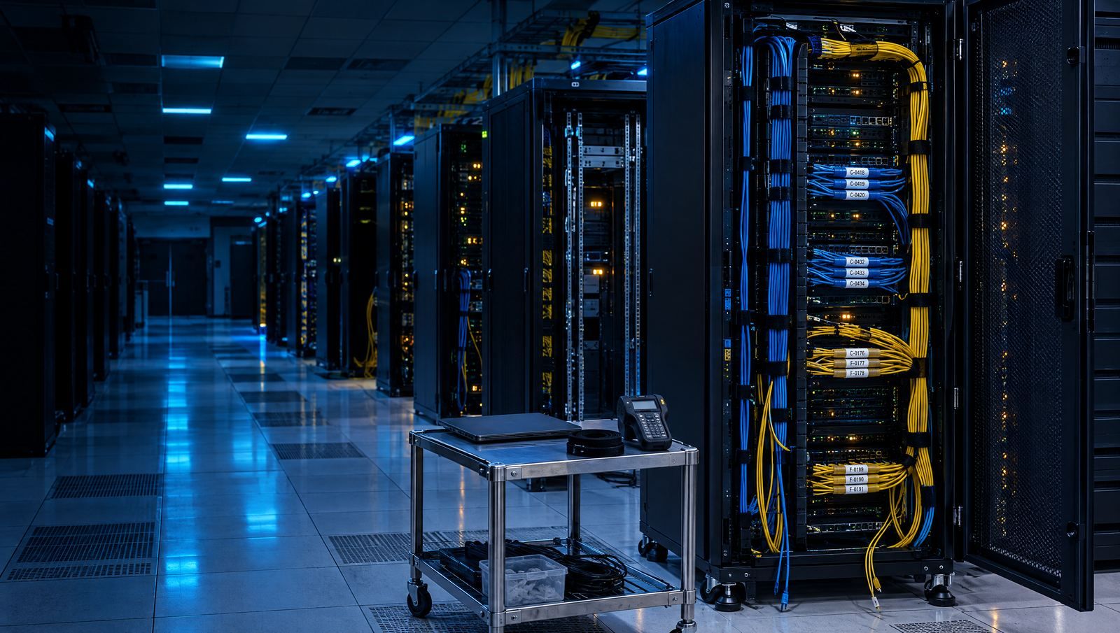An open rack in a data center hall, with labeled blue and yellow cable bundles and a label printer on a cart