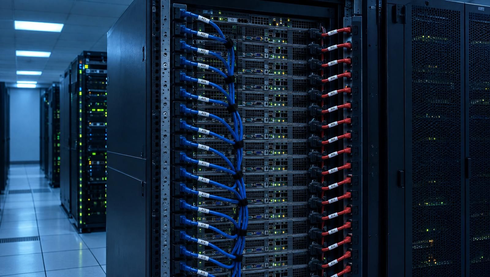 Rear of a server rack with blue and red power cords, each with a white wrap marker near the plug