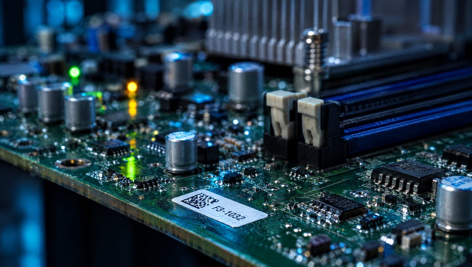 Closeup of a server board with a small white polyimide label carrying a Data Matrix code