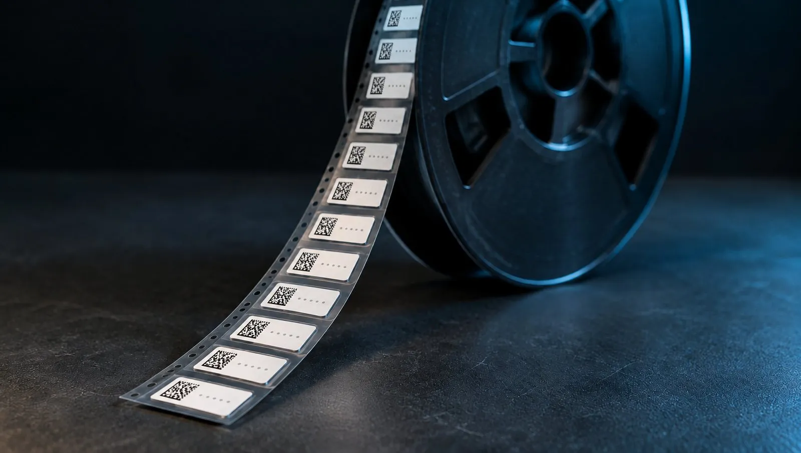 A black SMT reel with white polyimide labels in clear carrier tape, each label with a Data Matrix code