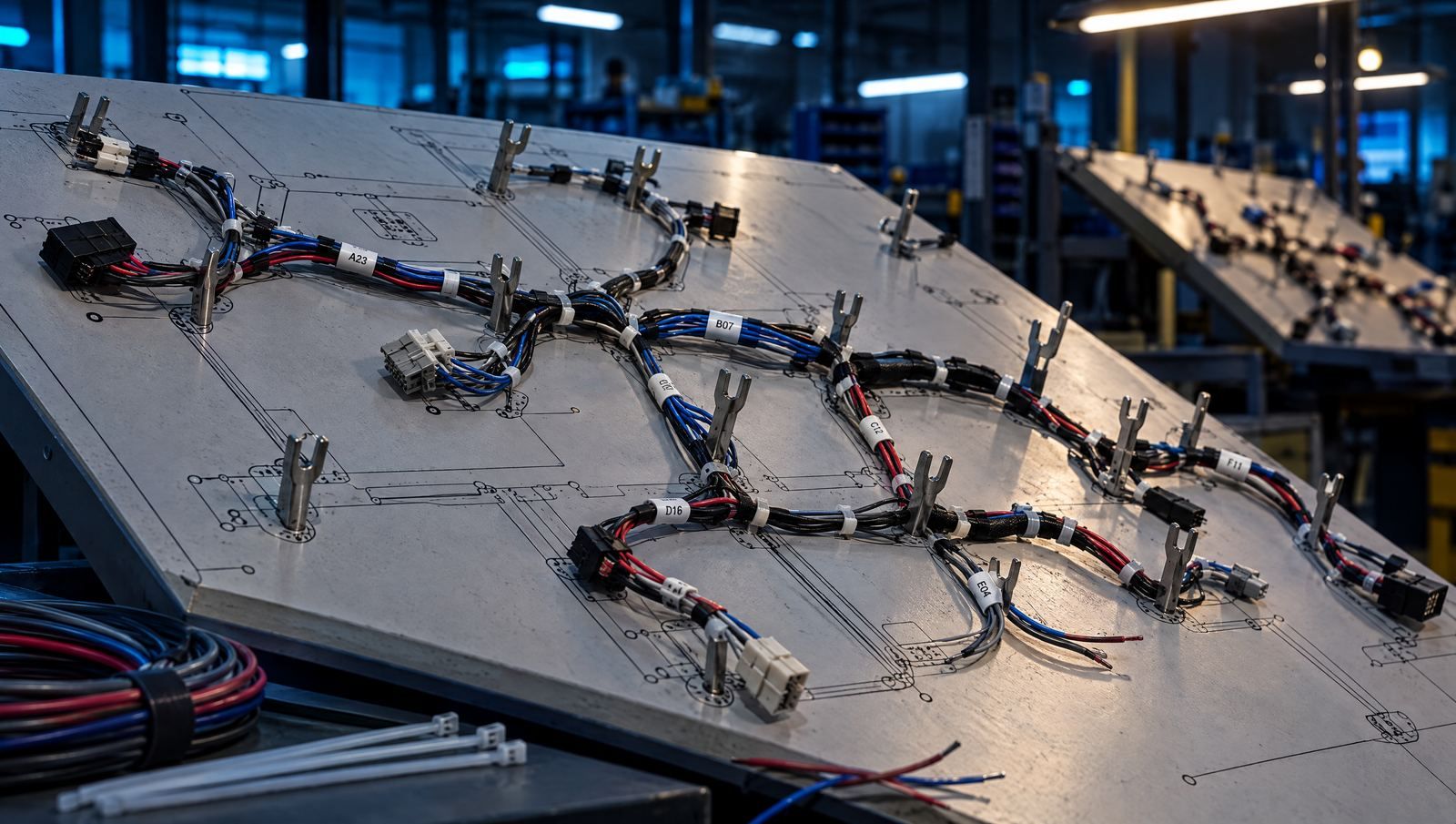 Wire harnesses laid out on an assembly board, with white markers on the branches